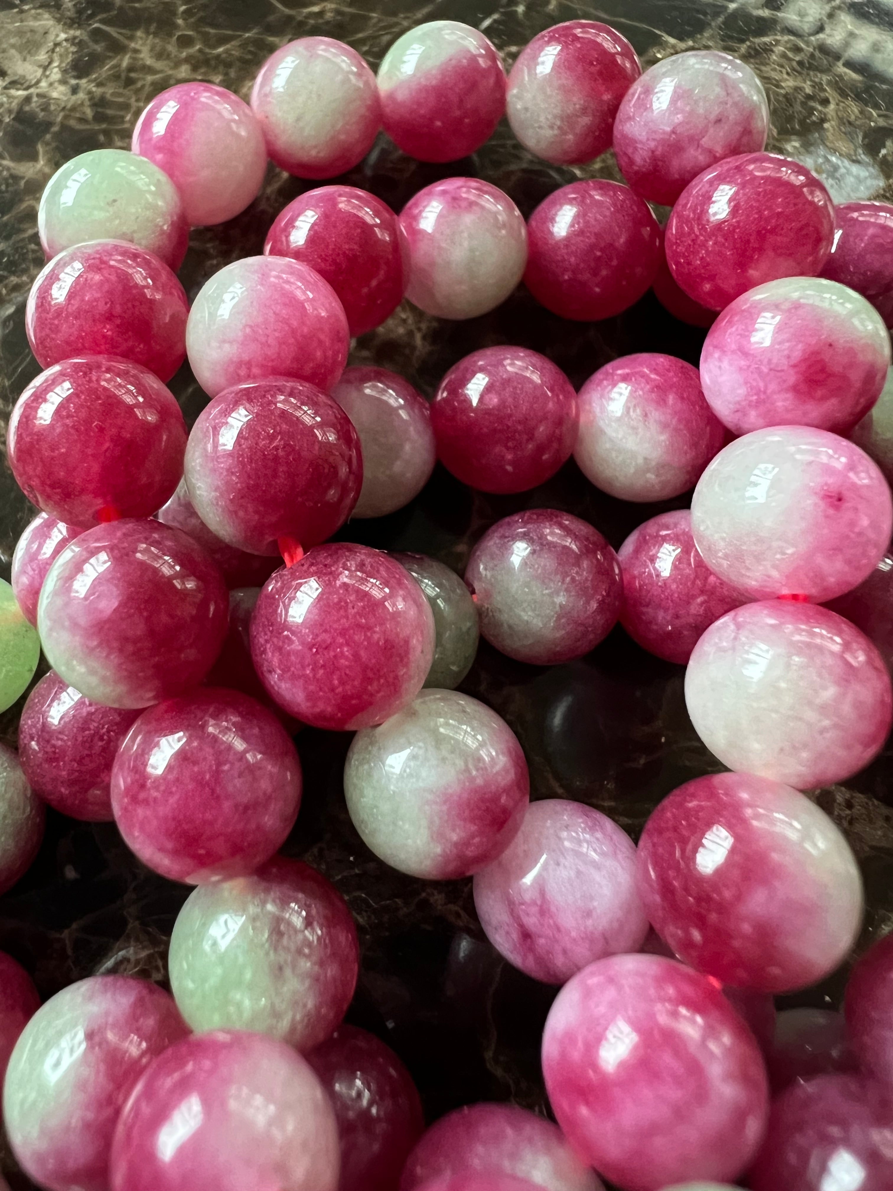 Jade Pärlor Rosa/Vit – Melerade Stenpärlor för Smyckestillverkning